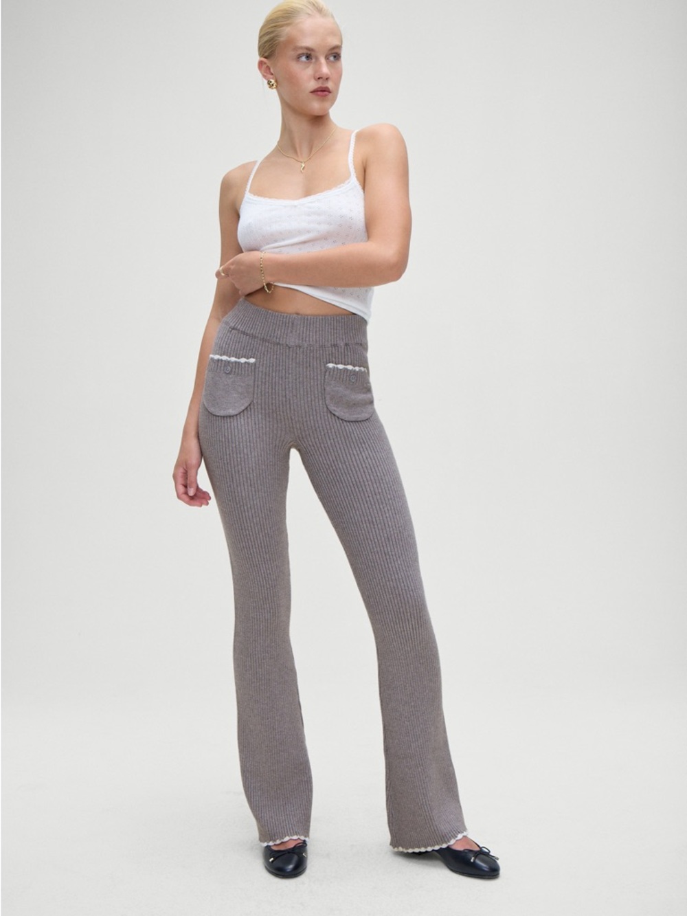 Frankie’s bikinis Camden Rib-Knit Flare Pants in Taupe